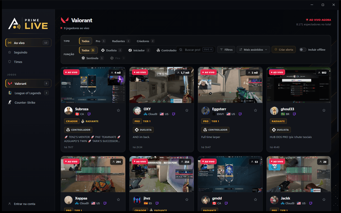 Aplicativo PRIME LIVE para Windows, com sidebar, filtros e cards de jogadores